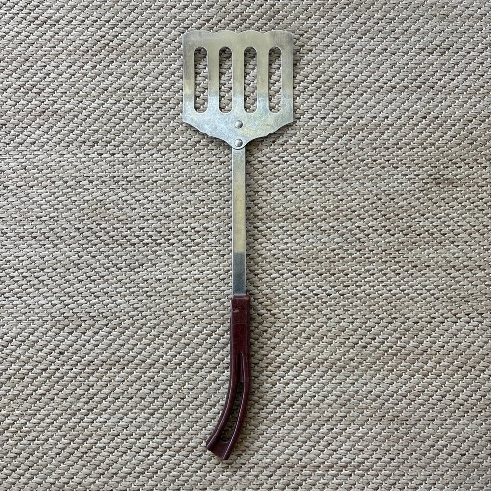 STANHOME Stainless Flipper Slotted Spatula Burgundy Handle Vintage MCM‎